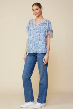 Aster Print Ruffled Detail Contrast Top