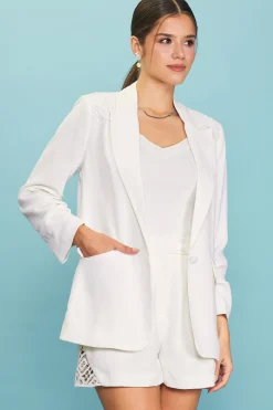 Crochet Trim Shirred Sleeve Blazer