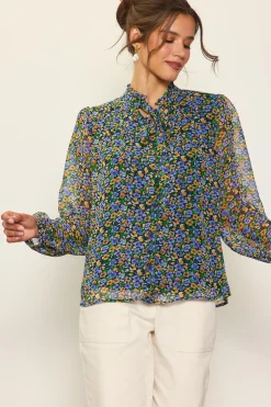 Daisy Print Neck Tie Blouse