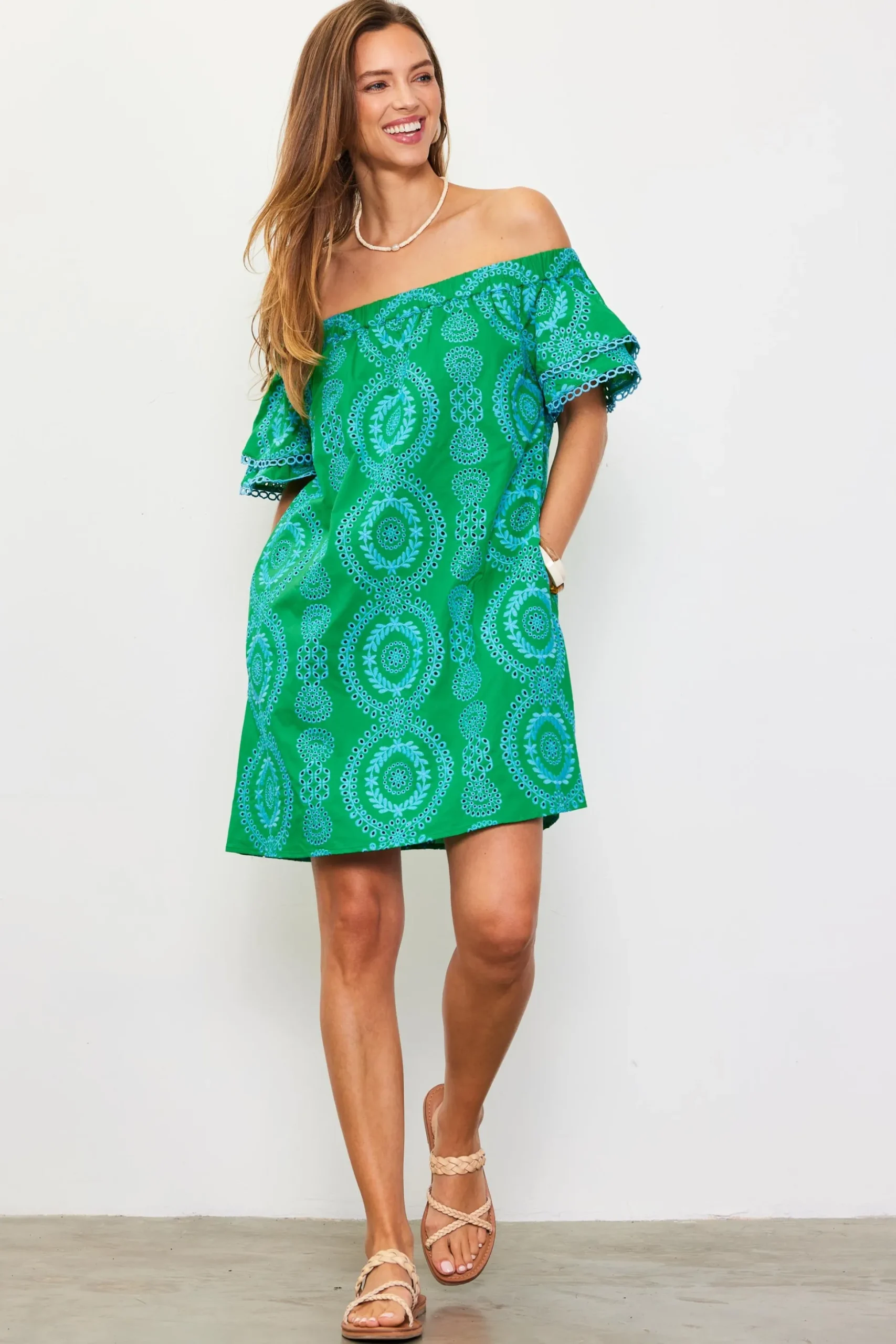 Embroidered Eyelet Off Shoulder Dress