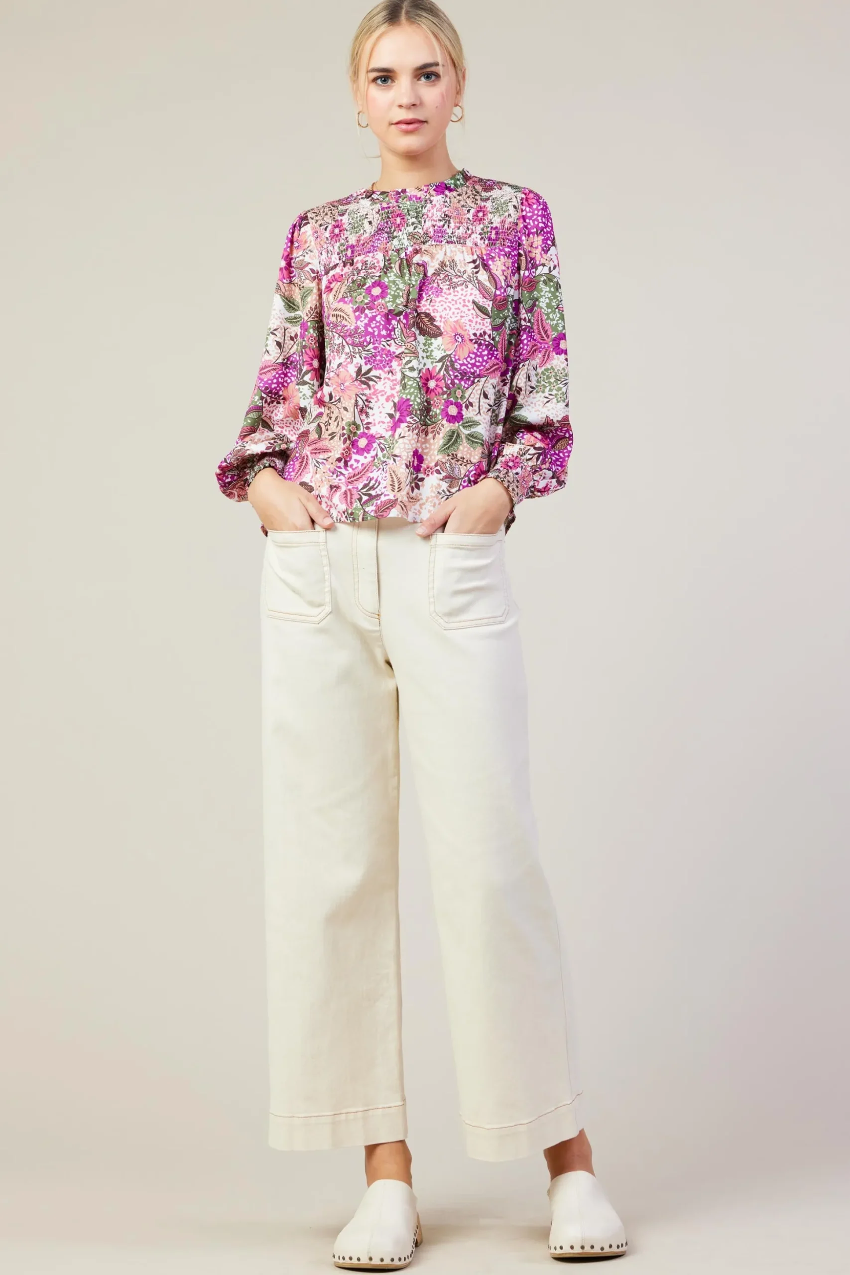 Floral Print Smocked Neckline Blouse
