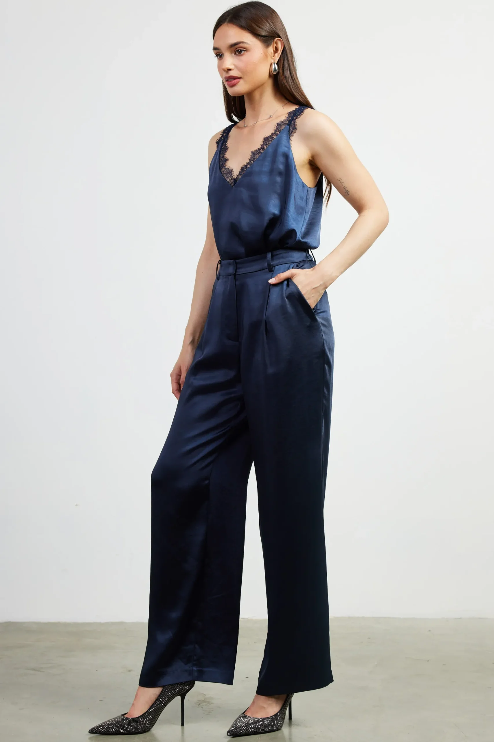 High Waisted Satin Straight Leg Pant