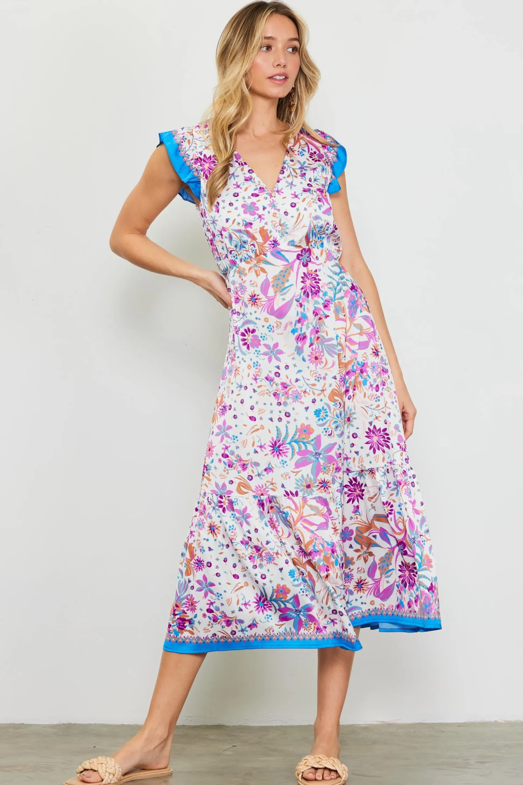 Magnolia Border Print Flutter Sleeve Dress