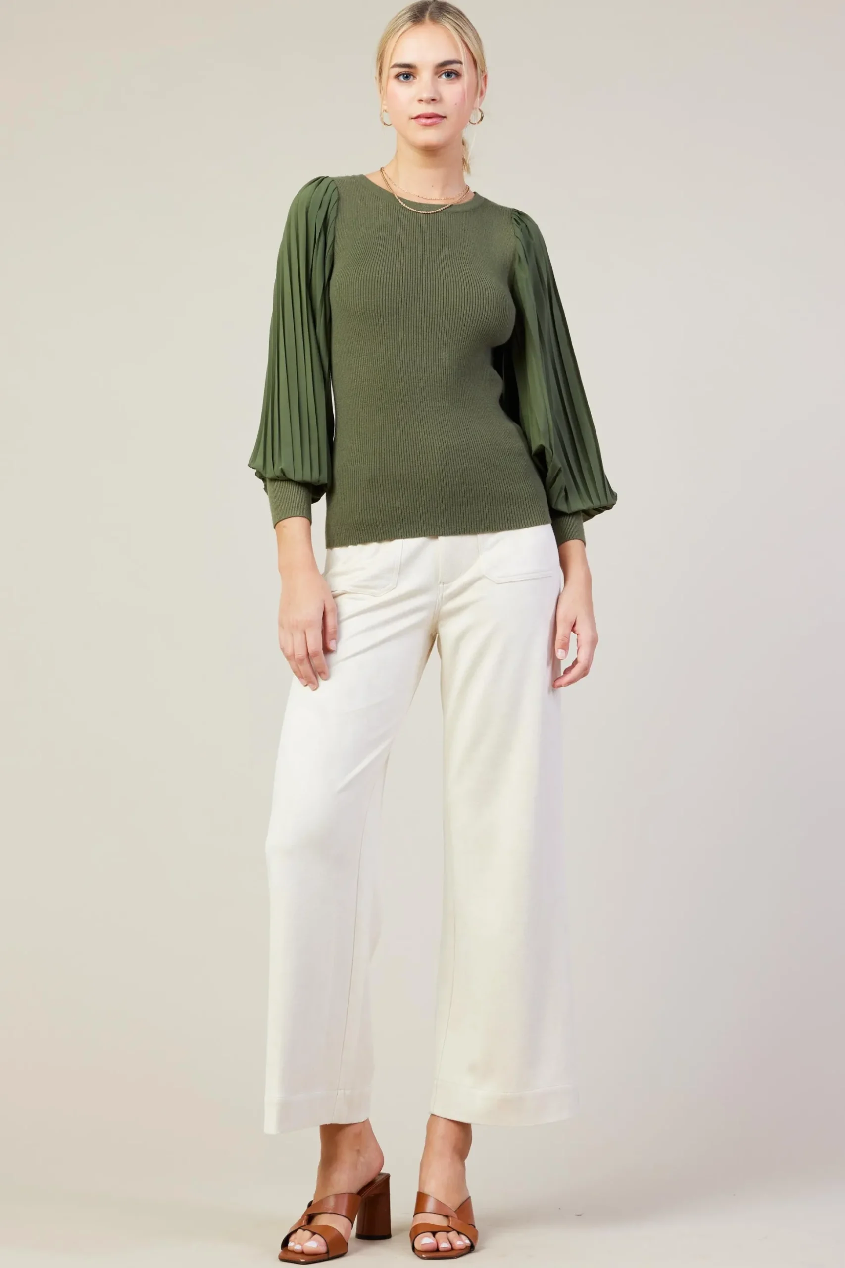 Mixed Media Pleated Sleeve Top