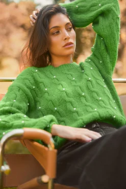 Pearl Detail Cable Knit Sweater
