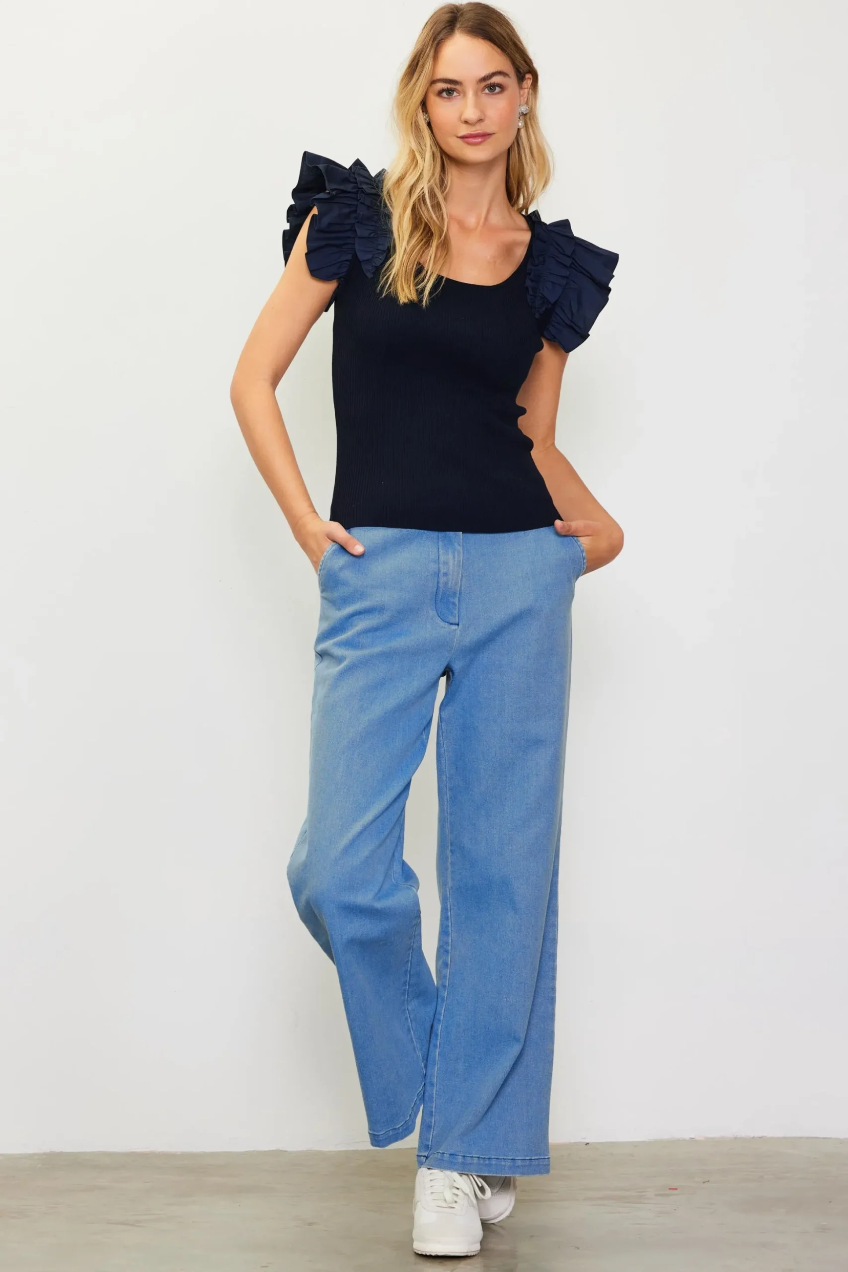 Shirred Ruffle Sleeve Ribbed Sweater