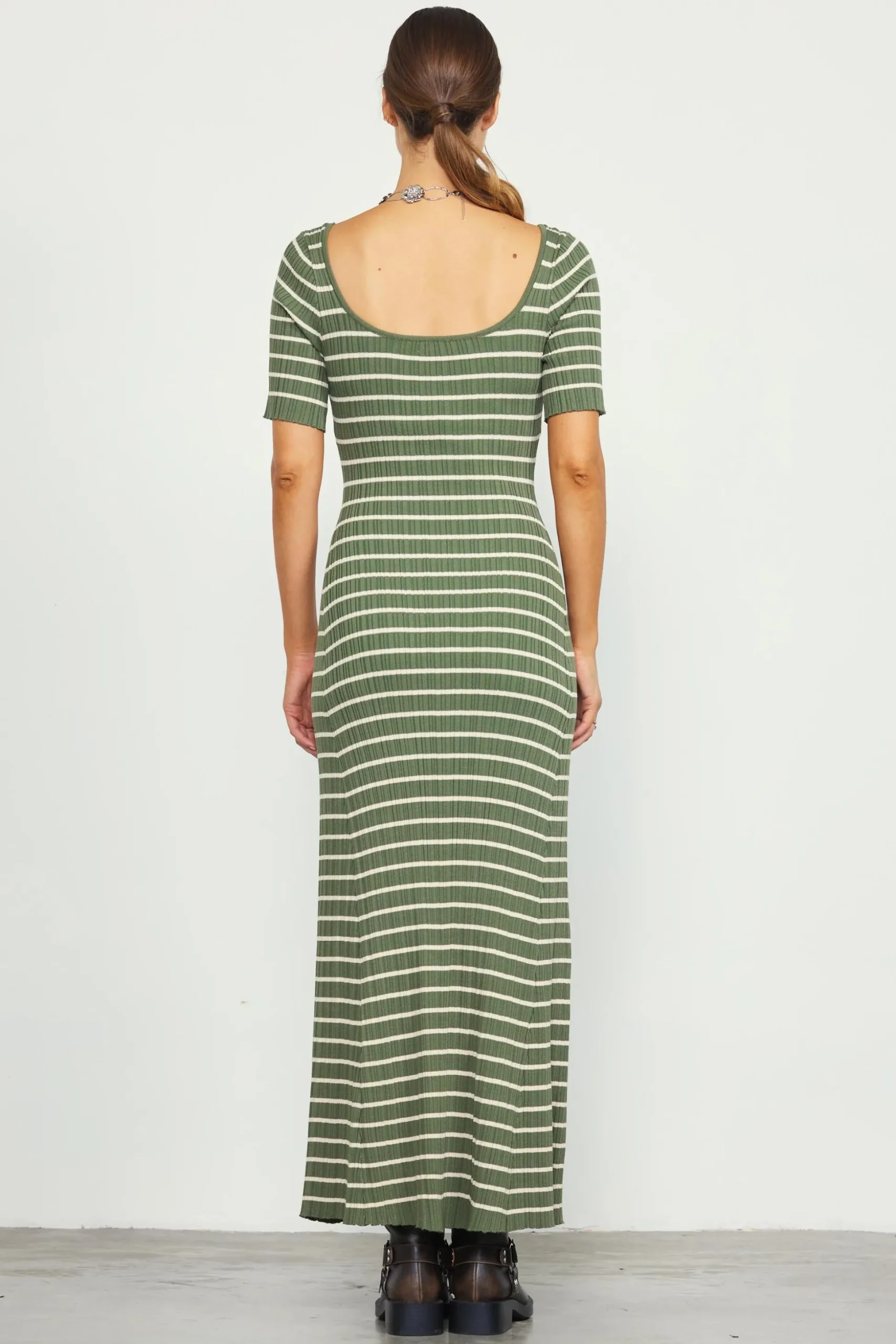 Short Sleeve Striped Knit Maxi Dress
